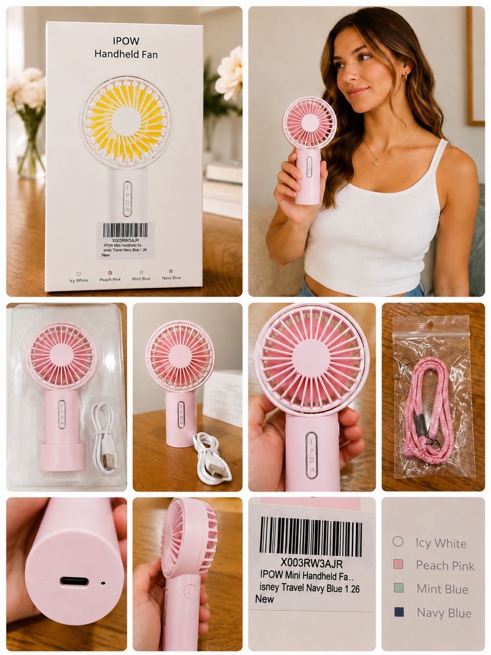 Peach Pink Mini Handheld Fan – Portable USB Rechargeable